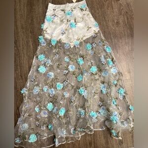 NWT Mango 3D Floral Sheer Maxi Skirt Blue Flower Applique Tulle Overlay Size S